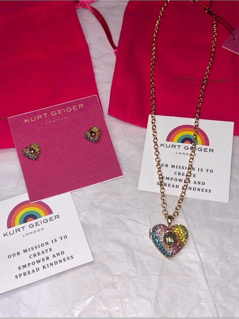 Kurt Geiger Gold Chain Necklace and Studs with Multicolor Glitter Heart